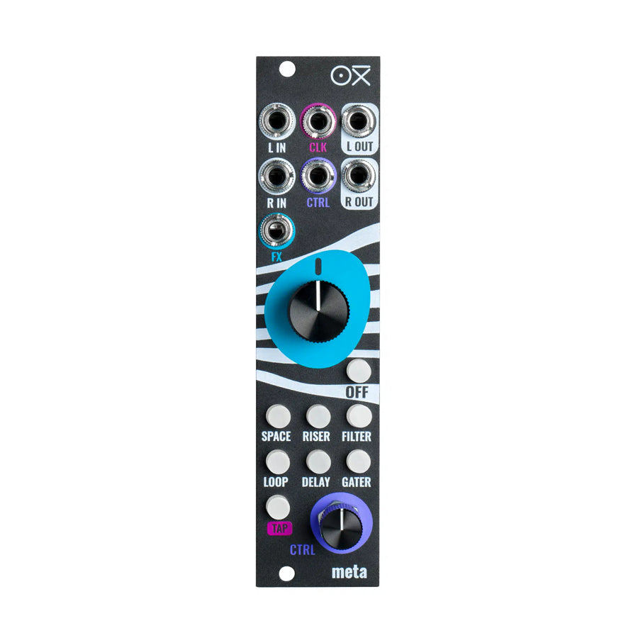 Front view of a black eurorack module with multiple input/output jacks, buttons, and two rotary knobs.