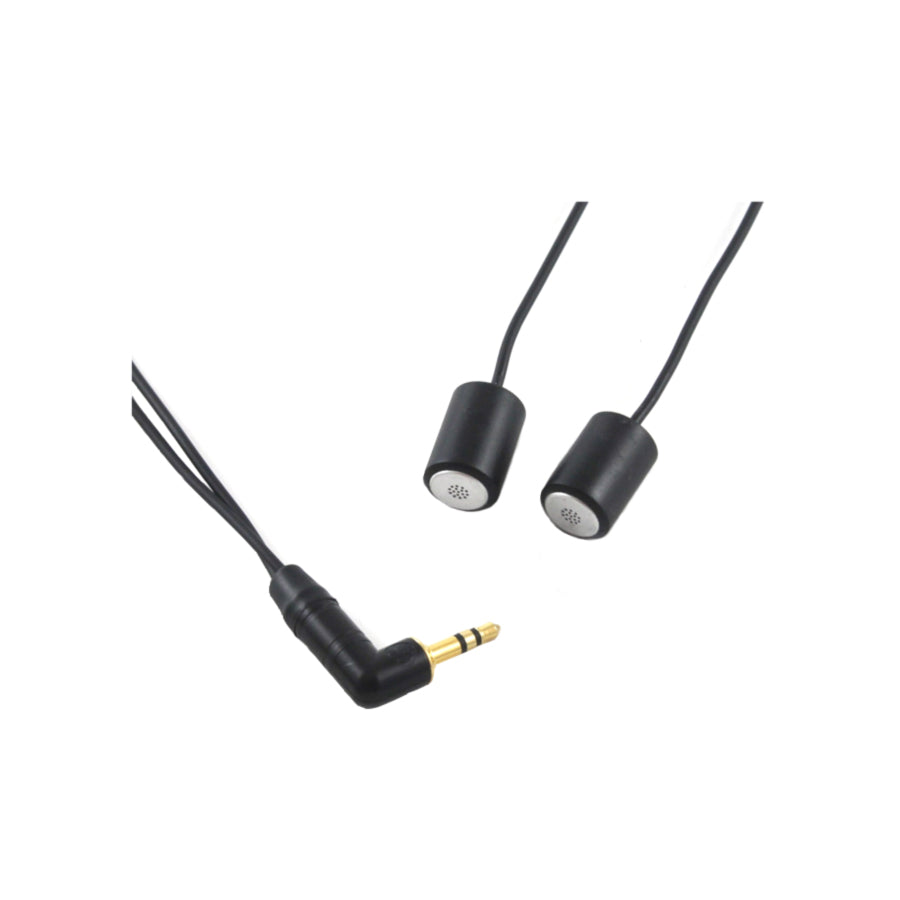 Two small black microphone capsules connected to cables with a 3.5mm right-angle audio plug.