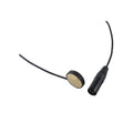 Black miniature microphone with a round gold-colored capsule and attached 3-pin male XLR connector cable.