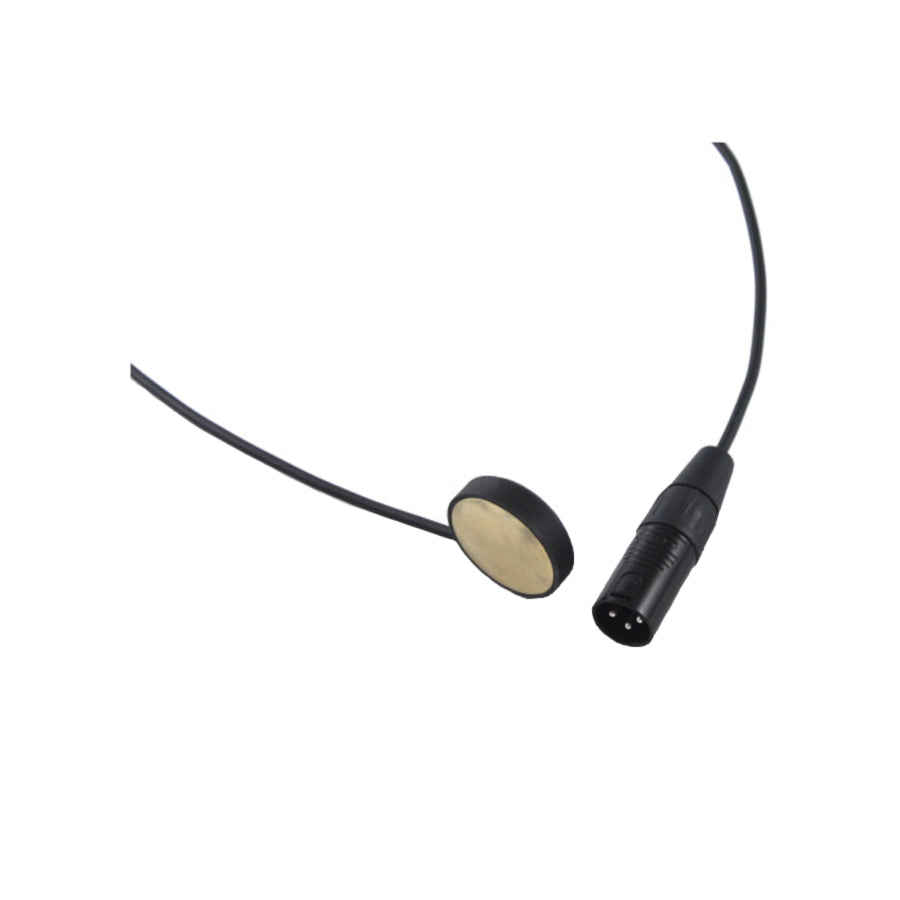 Black miniature microphone with a round gold-colored capsule and attached 3-pin male XLR connector cable.