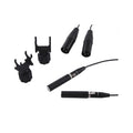 Two black cylindrical microphone capsules with attached cables and two black plastic mounts on white background.