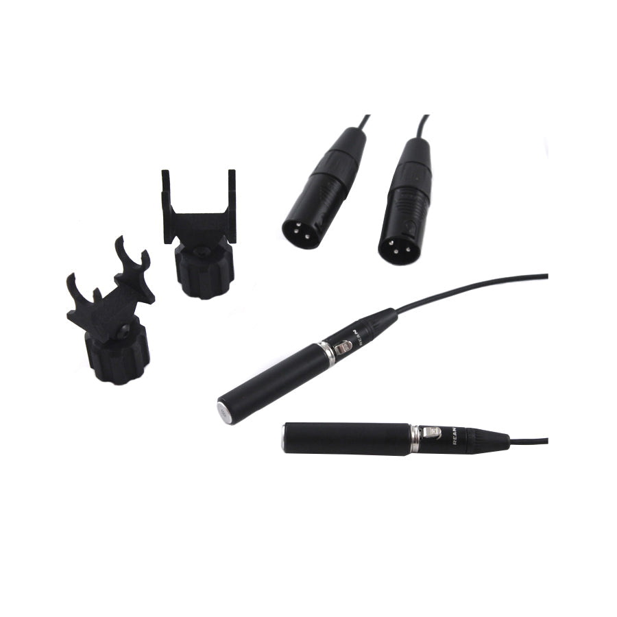 Two black cylindrical microphone capsules with attached cables and two black plastic mounts on white background.
