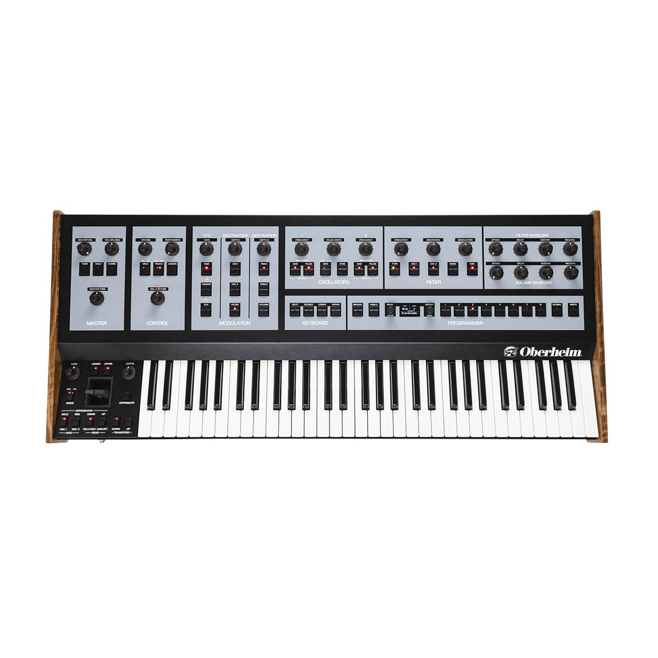 Black and wood synthesizer keyboard with knobs, buttons, and a joystick control showing Oberheim branding.