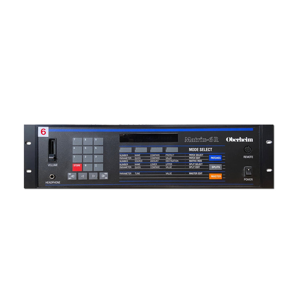 Front panel of a black Oberheim Matrix-6R rackmount synthesizer module with buttons, a volume slider, and headphone jack.