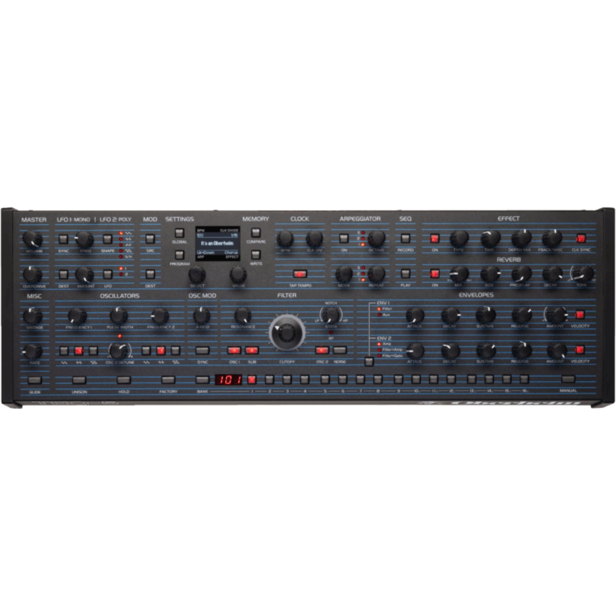 Front view of a black analog desktop synthesizer module with multiple knobs, buttons, and an LED display.