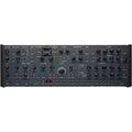 Black desktop synthesizer control panel with knobs, buttons, and a small display screen.