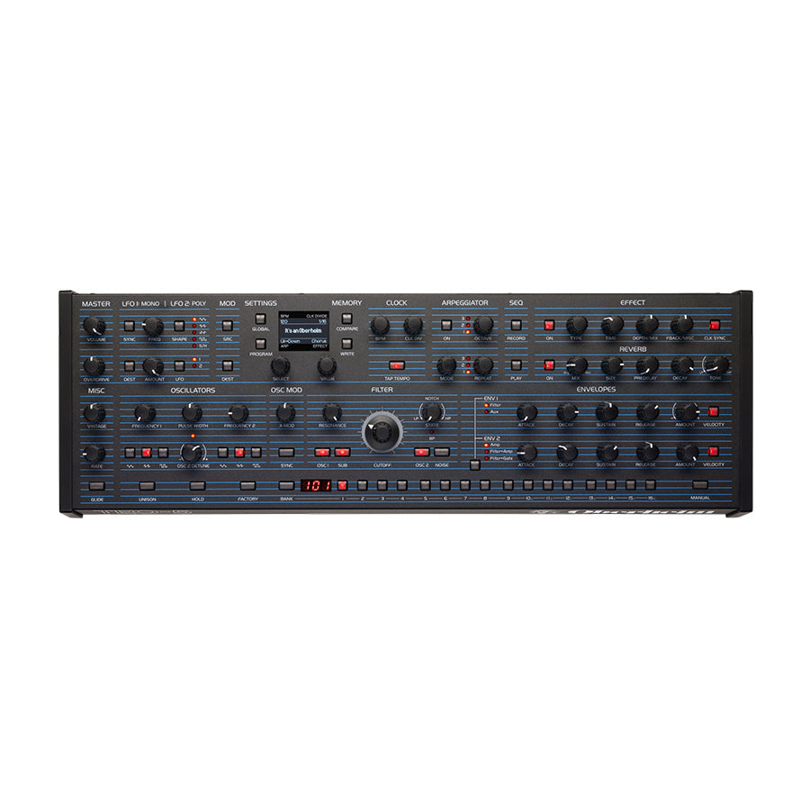 Black Oberheim TEO-5 synthesizer desktop unit with multiple knobs, buttons, and a small digital display