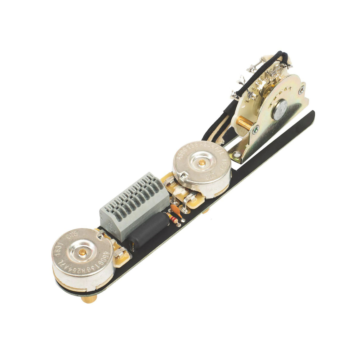Chrome control plate with two rotary potentiometers, a 3-way switch, and a gray terminal block on circuit board.