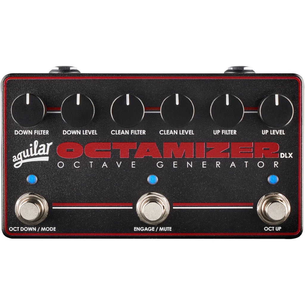 Front view of a black Aguilar Octamizer DLX pedal with six knobs and three footswitches with blue LED indicators.