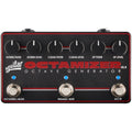 Front view of a black Aguilar Octamizer DLX pedal with six knobs and three footswitches with blue LED indicators.