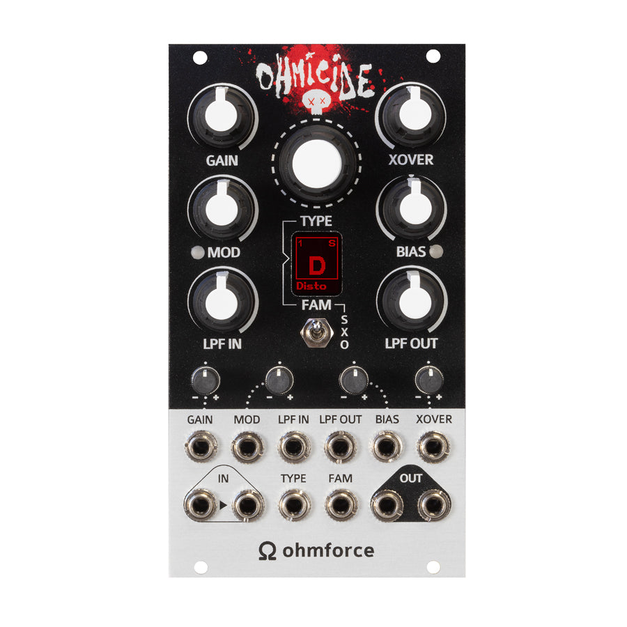 Ohmforce Omicide eurorack module with knobs, toggle switch, and multiple 3.5mm audio jacks.