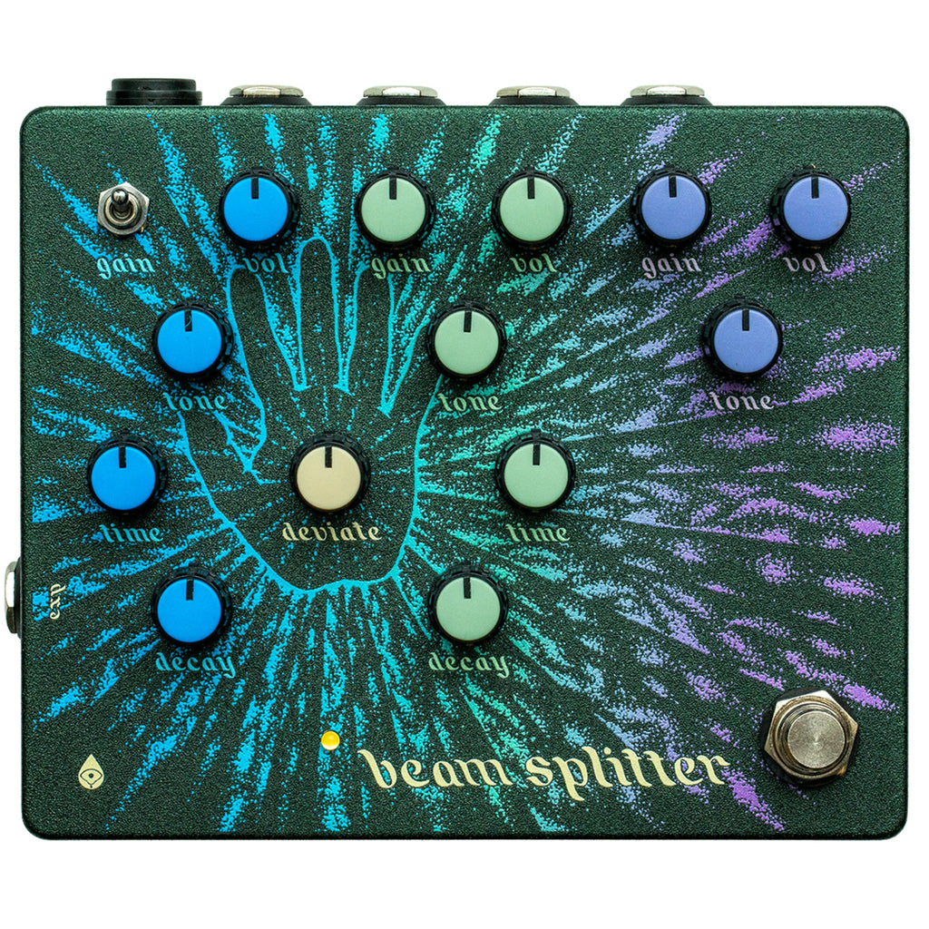 Rectangular pedal with multiple colored knobs, a toggle switch, a footswitch, and decorative graphic containing a hand illustration.