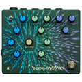 Rectangular pedal with multiple colored knobs, a toggle switch, a footswitch, and decorative graphic containing a hand illustration.
