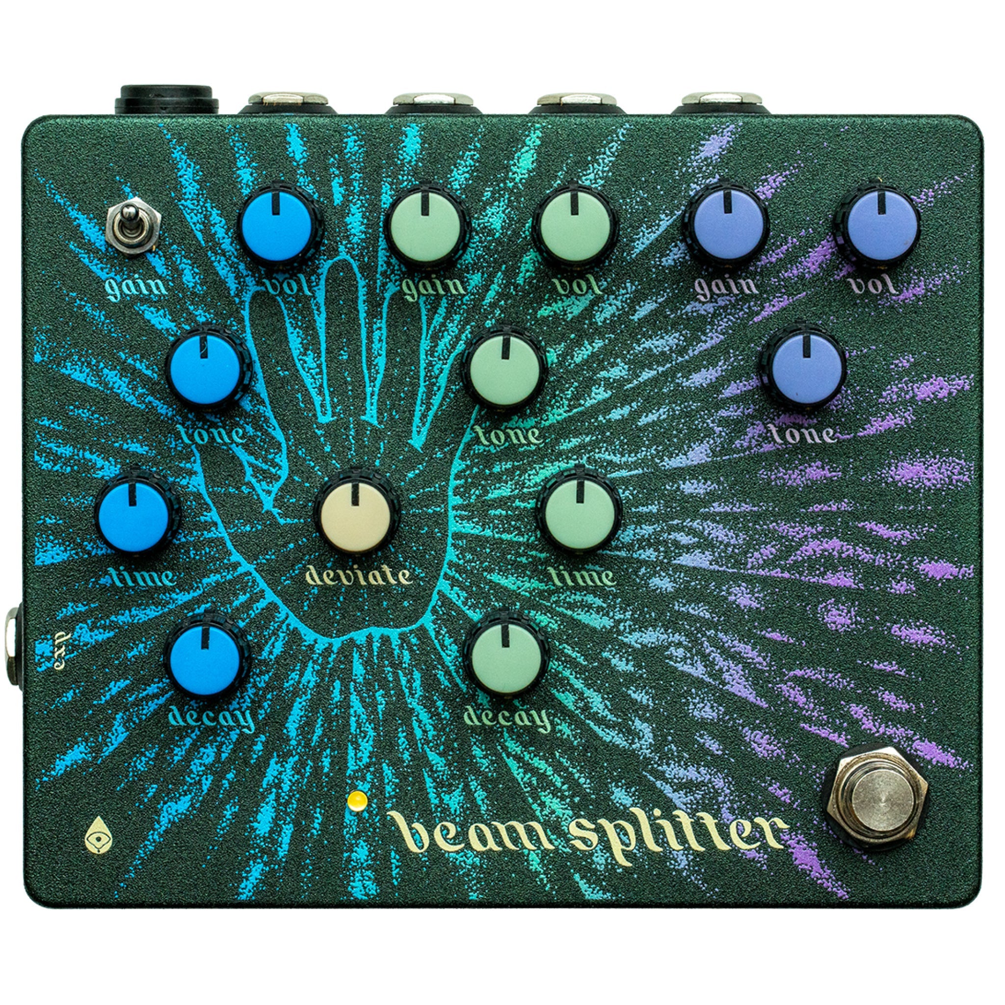 Rectangular pedal with multiple colored knobs, a toggle switch, a footswitch, and decorative graphic containing a hand illustration.