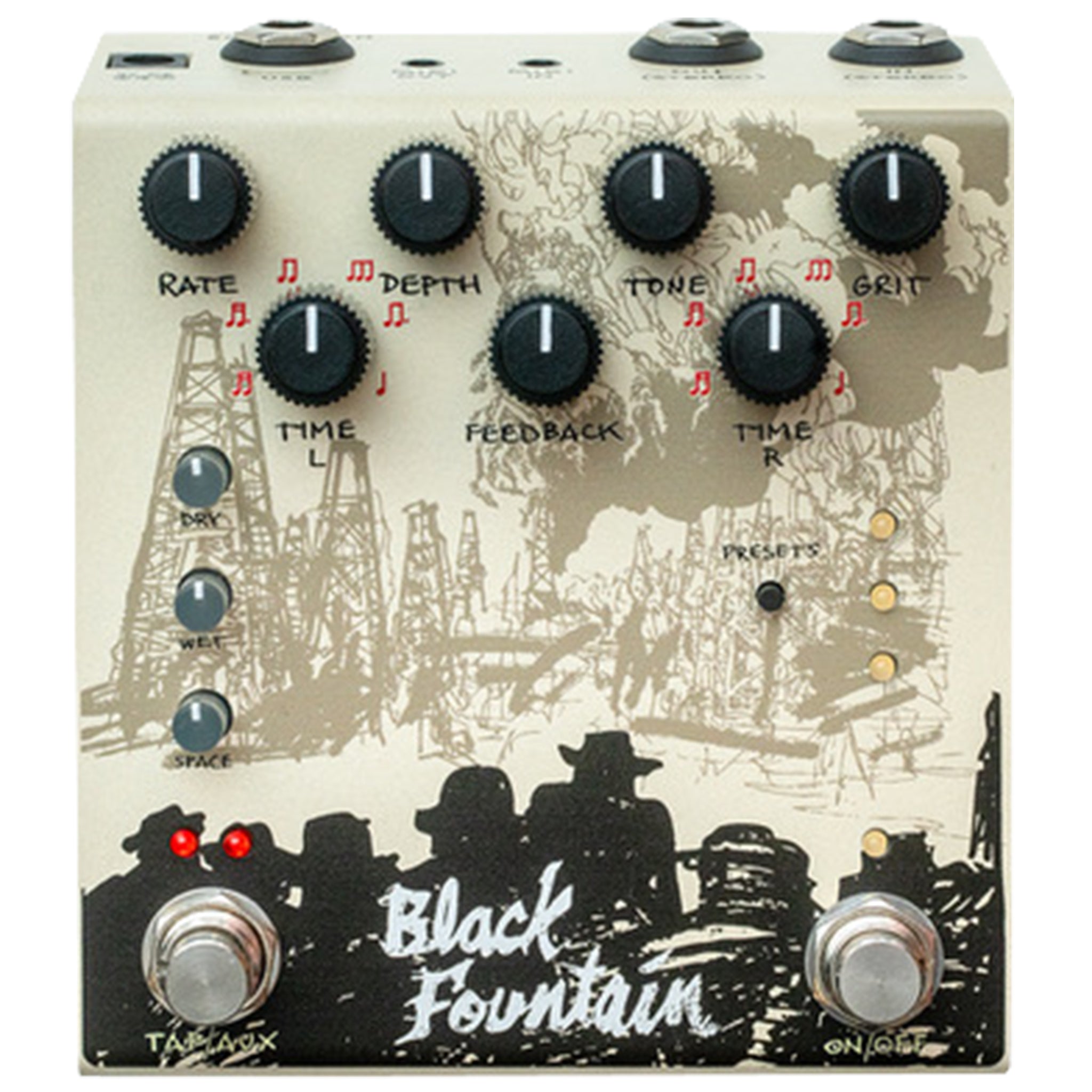 Beige guitar effects pedal with black knobs and artwork labeled Black Fountain featuring multiple control knobs and footswitches.