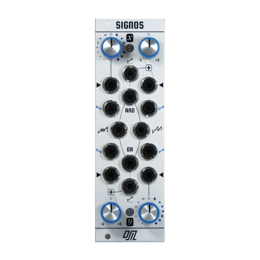 White modular synthesizer panel with multiple 3.5mm jacks, four blue knobs, and text labels 'SIGNOS', 'AND', 'OR'.