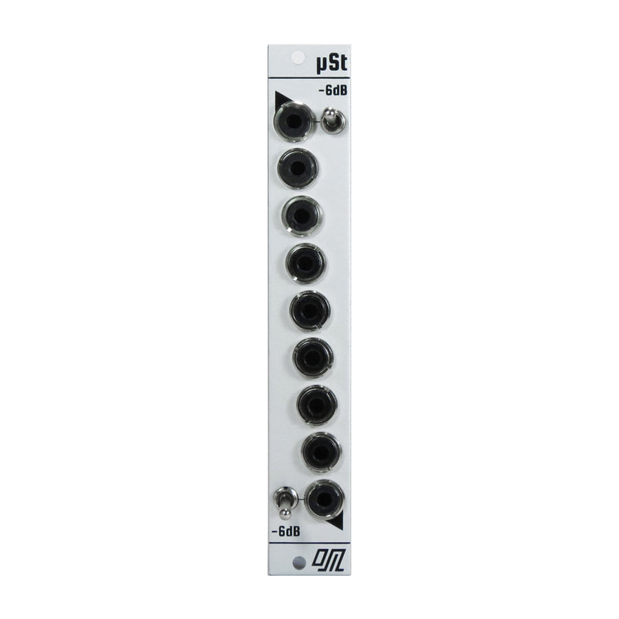 White modular synth module with eight audio jacks and two toggle switches labeled -6dB