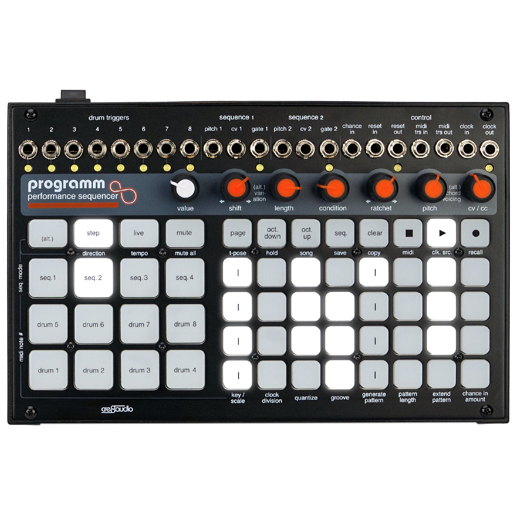 Top view of a black Cre8audio Programm performance sequencer with multiple ports, knobs, and illuminated pads.