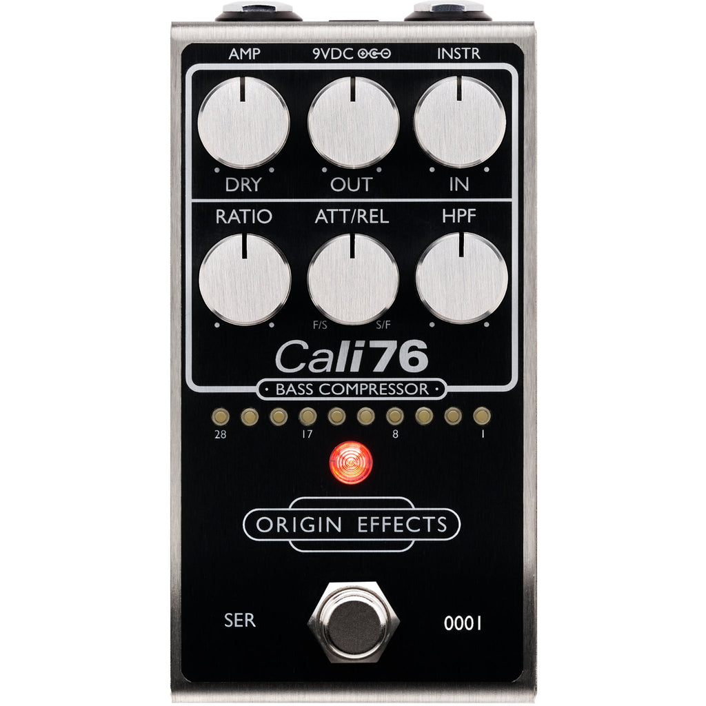 Black Origin Effects Cali76 bass compressor pedal with six control knobs, an LED, and a footswitch.