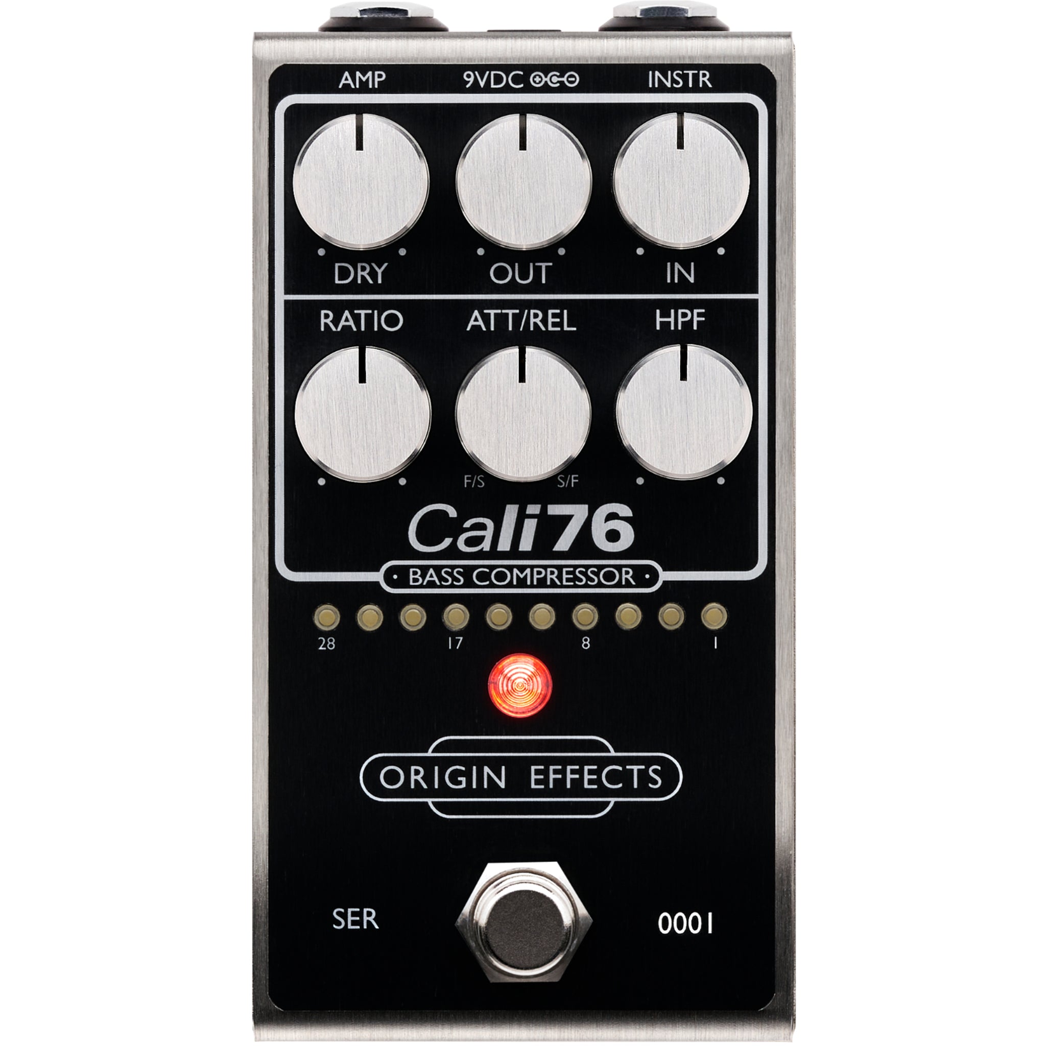 Black Origin Effects Cali76 bass compressor pedal with six control knobs, an LED, and a footswitch.