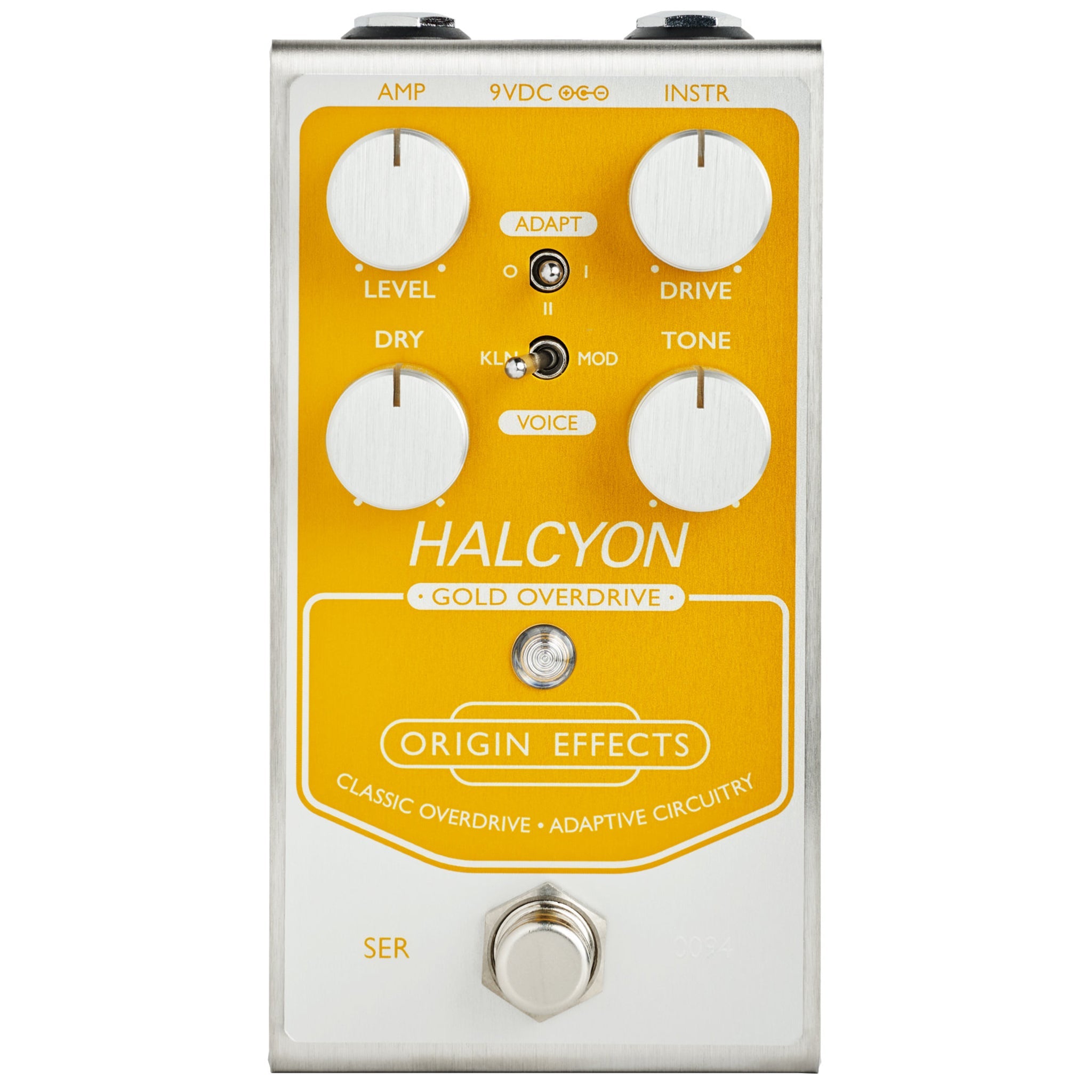 Silver and gold guitar effects pedal with four knobs, two toggle switches, and one footswitch.