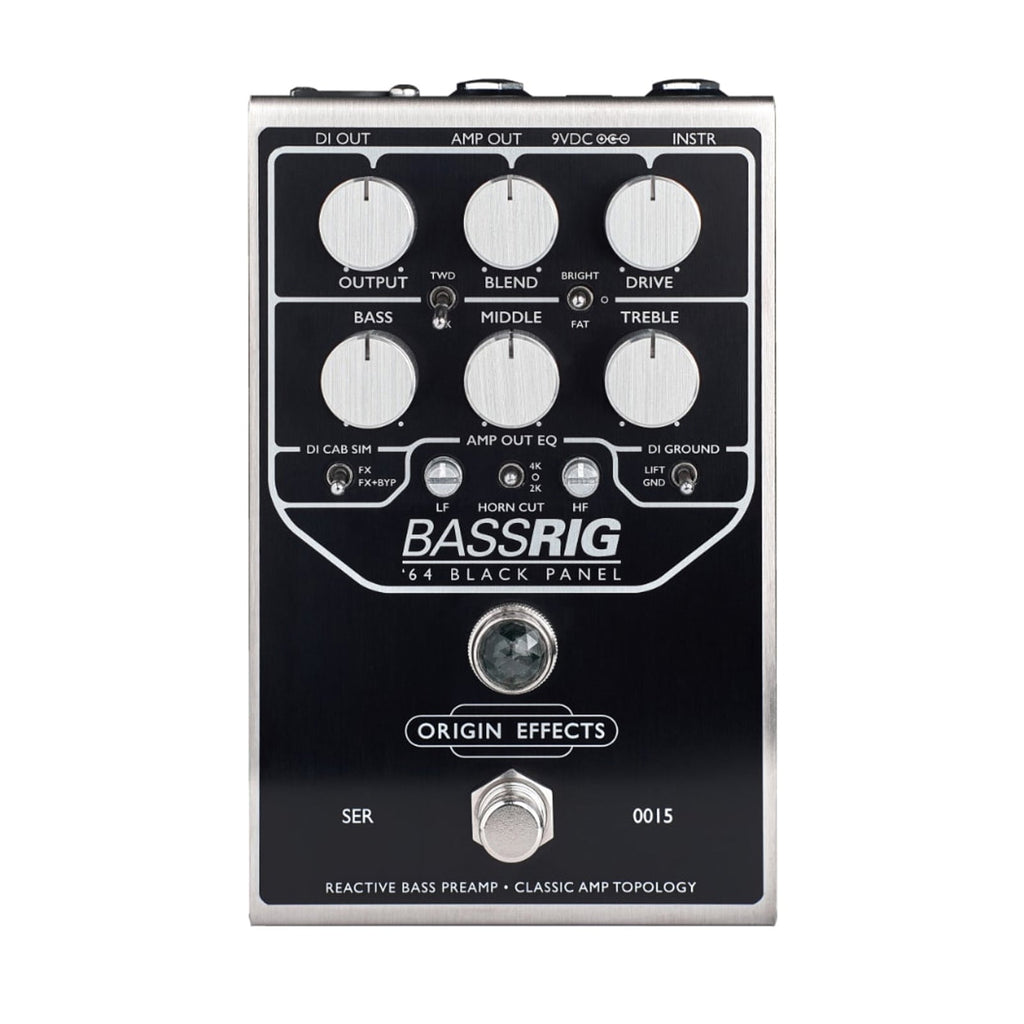 Black and silver Origin Effects BassRIG 64 Black Panel bass preamp pedal with knobs, switches, and footswitch.
