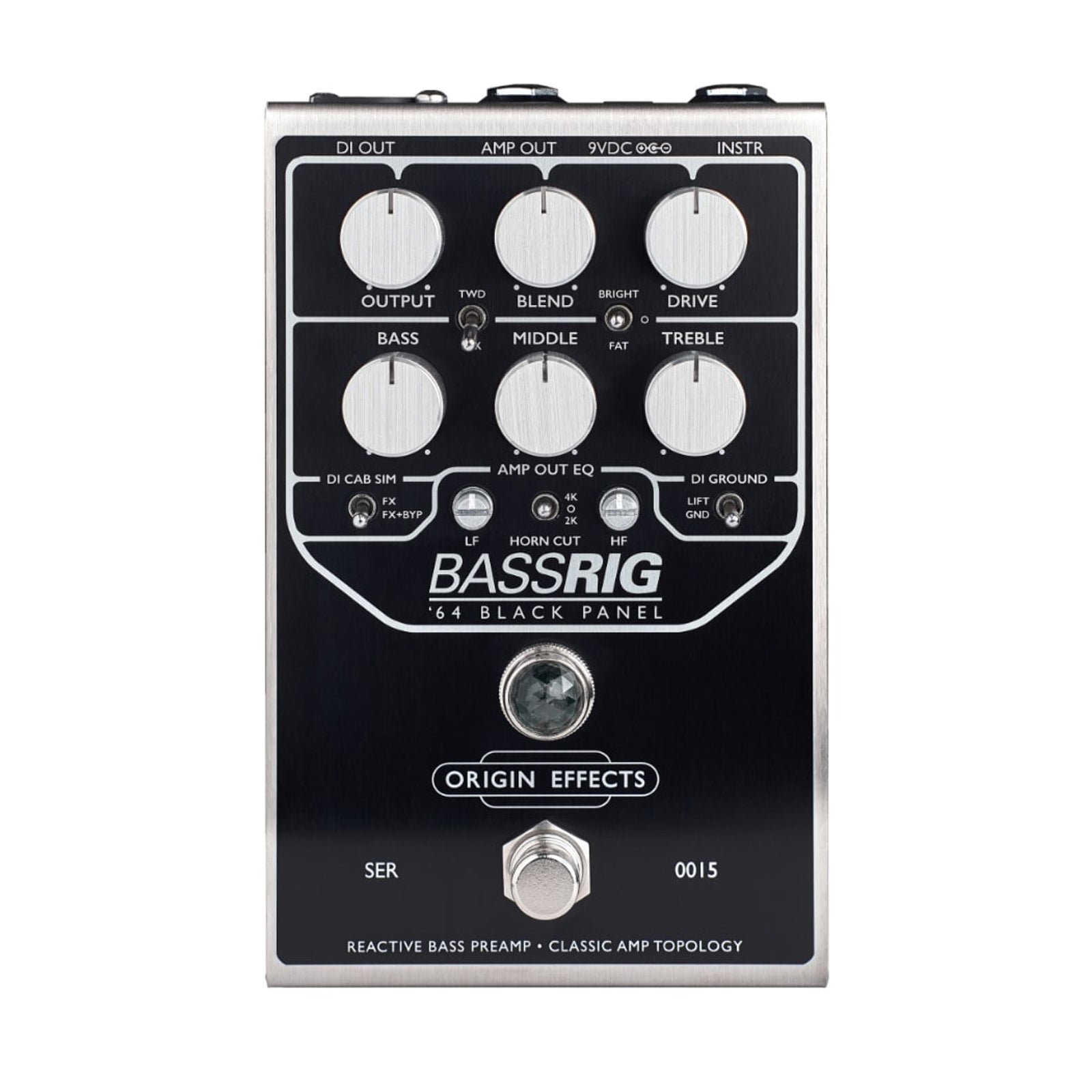 Black and silver Origin Effects BassRIG 64 Black Panel bass preamp pedal with knobs, switches, and footswitch.