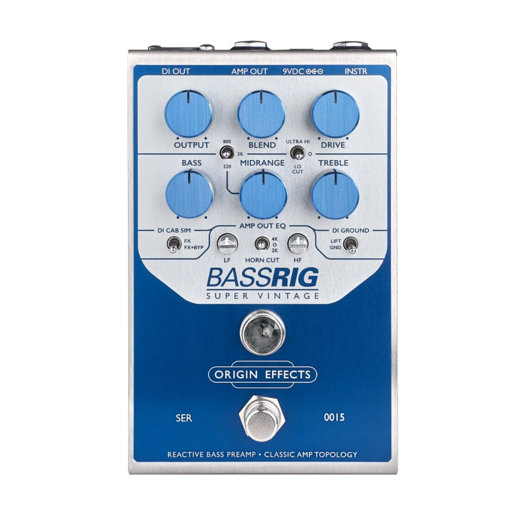 Blue and silver Origin Effects BassRIG Super Vintage bass preamp pedal with control knobs, switches, and footswitch.