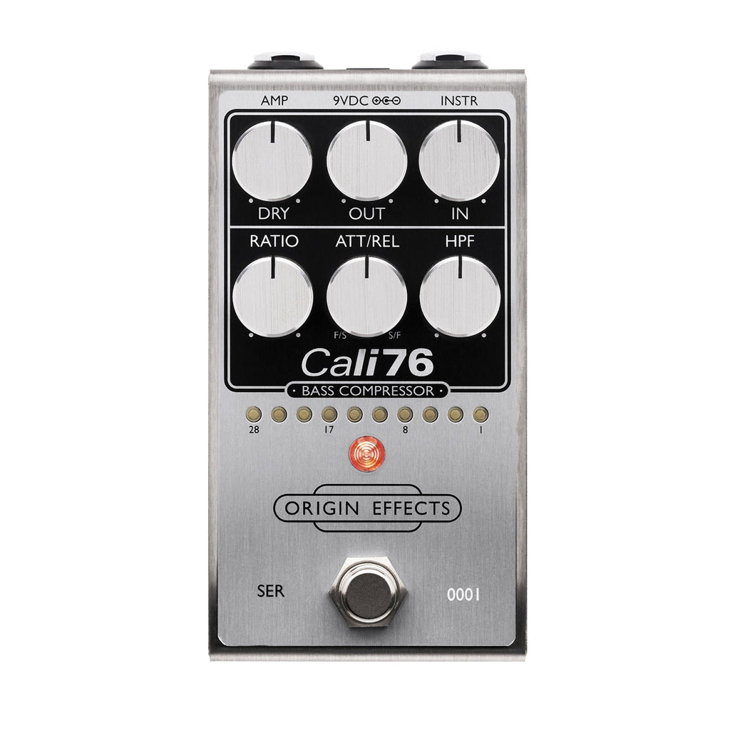 Silver metal guitar effects pedal with six rotary knobs, one footswitch, and multiple indicator lights.