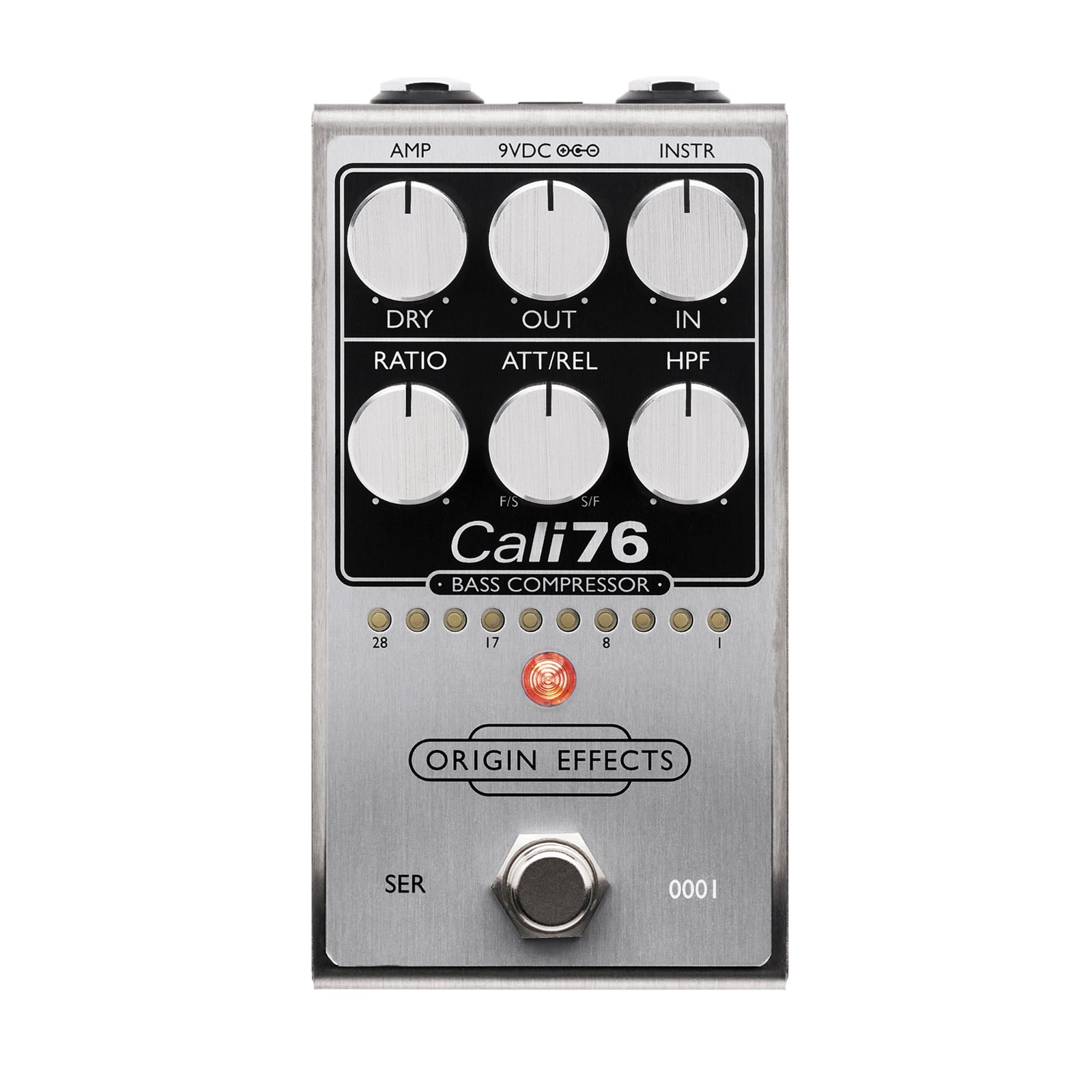 Silver metal guitar effects pedal with six rotary knobs, one footswitch, and multiple indicator lights.