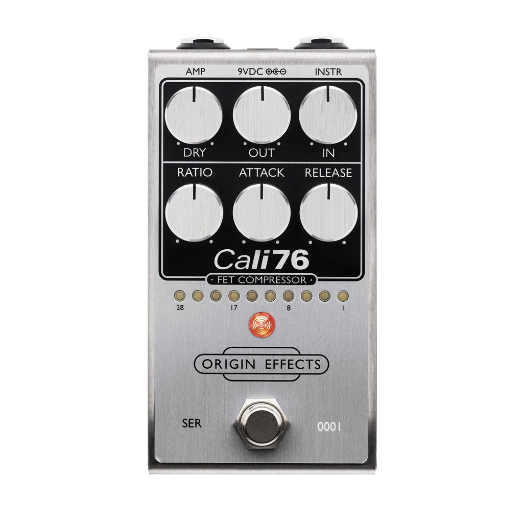 Silver metal guitar effects pedal with six control knobs, footswitch, and multiple LED indicators.