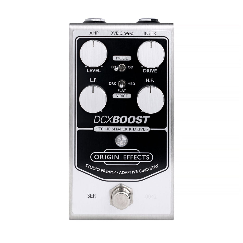 Silver and black guitar effects pedal with four knobs, two toggle switches, and one footswitch button.