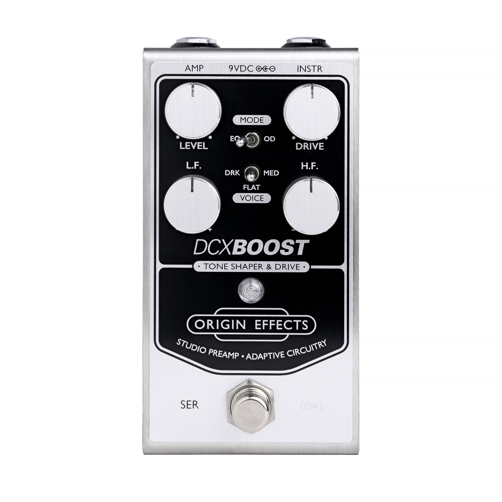 Silver and black guitar effects pedal with four knobs, two toggle switches, and one footswitch button.