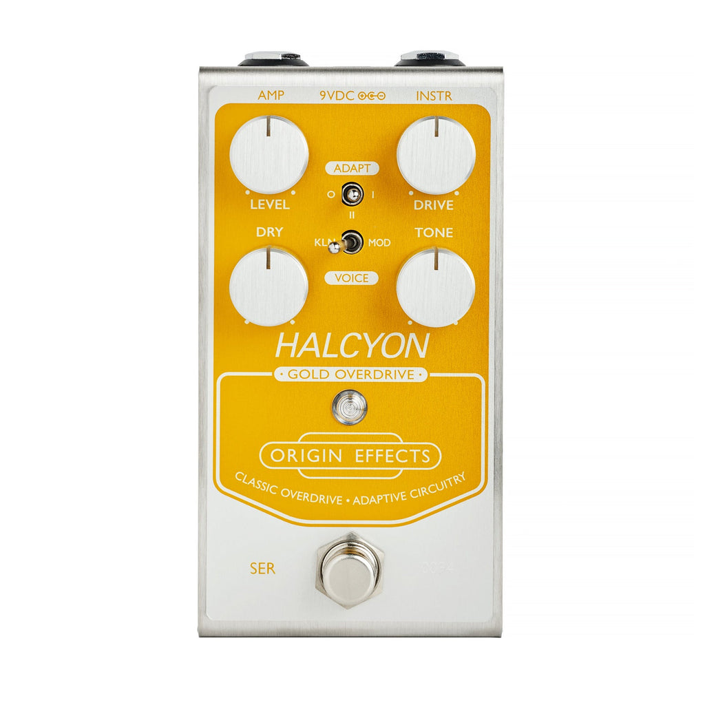 A guitar effects pedal with four rotary knobs, two toggle switches, one footswitch, and input/output jacks.