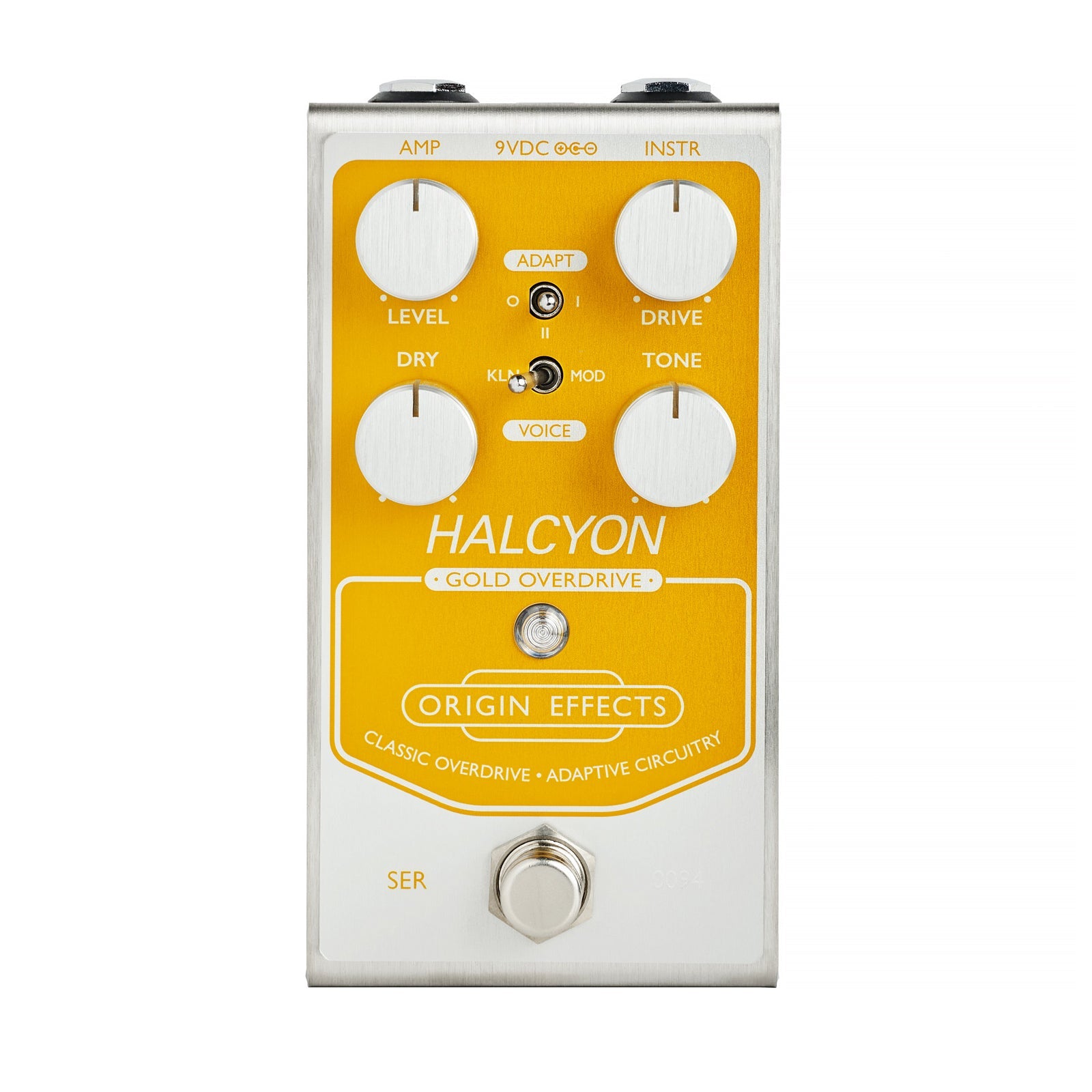 A guitar effects pedal with four rotary knobs, two toggle switches, one footswitch, and input/output jacks.