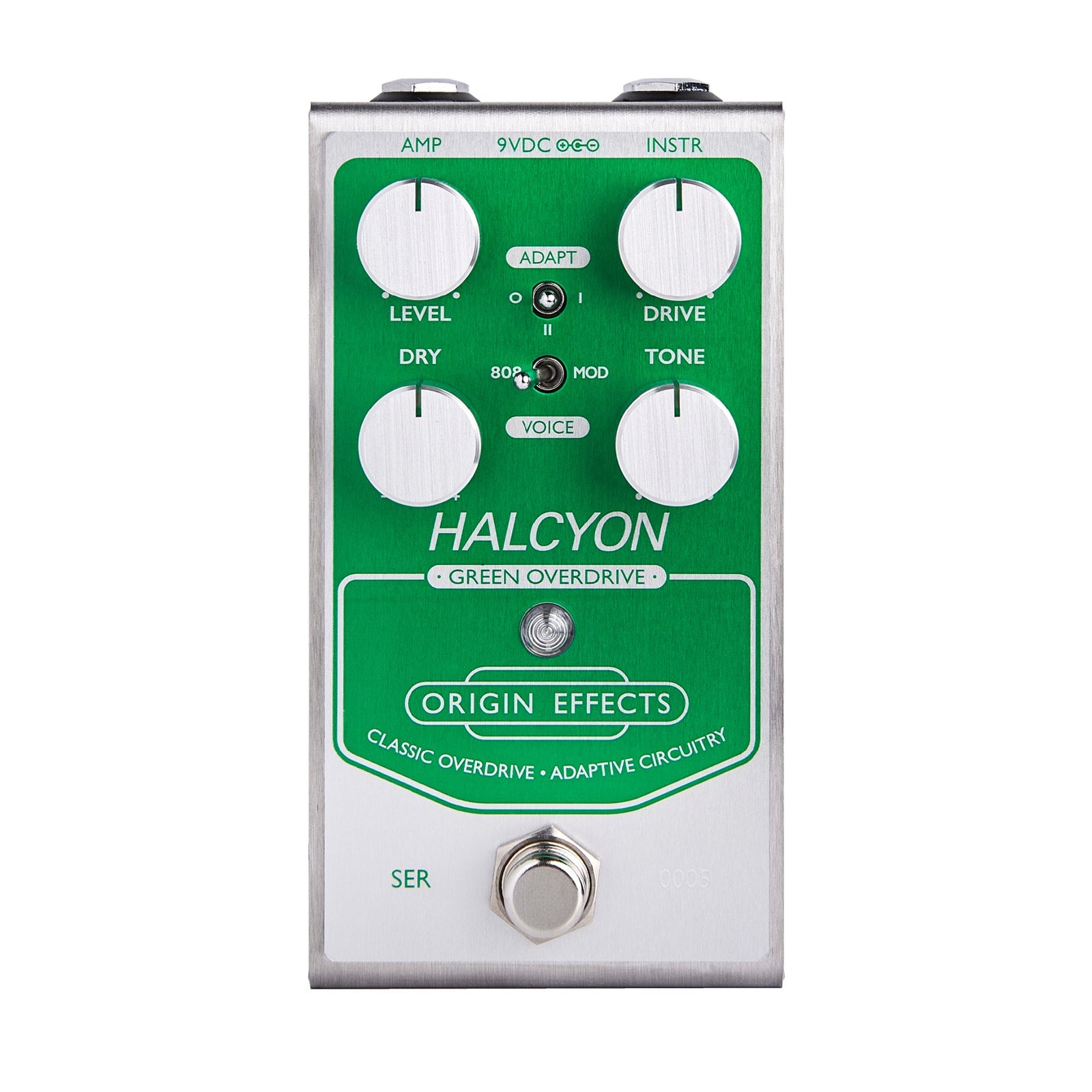 Green and silver guitar effects pedal labeled Halcyon Green Overdrive with four knobs, toggle switches, and a footswitch.
