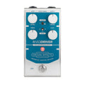 Silver and blue guitar effects pedal with four knobs, two toggle switches, and one footswitch with a lit LED.