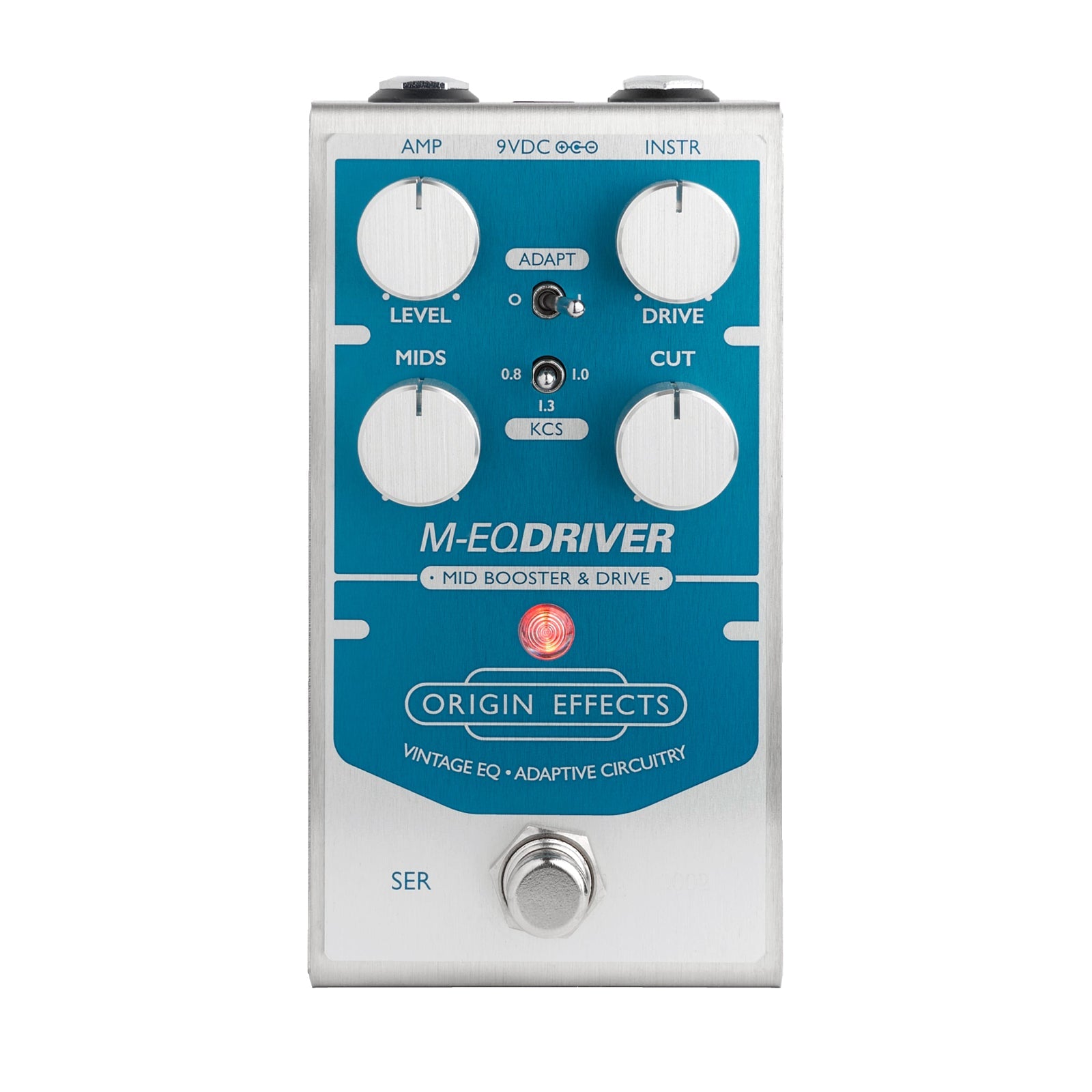 Silver and blue guitar effects pedal with four knobs, two toggle switches, and one footswitch with a lit LED.