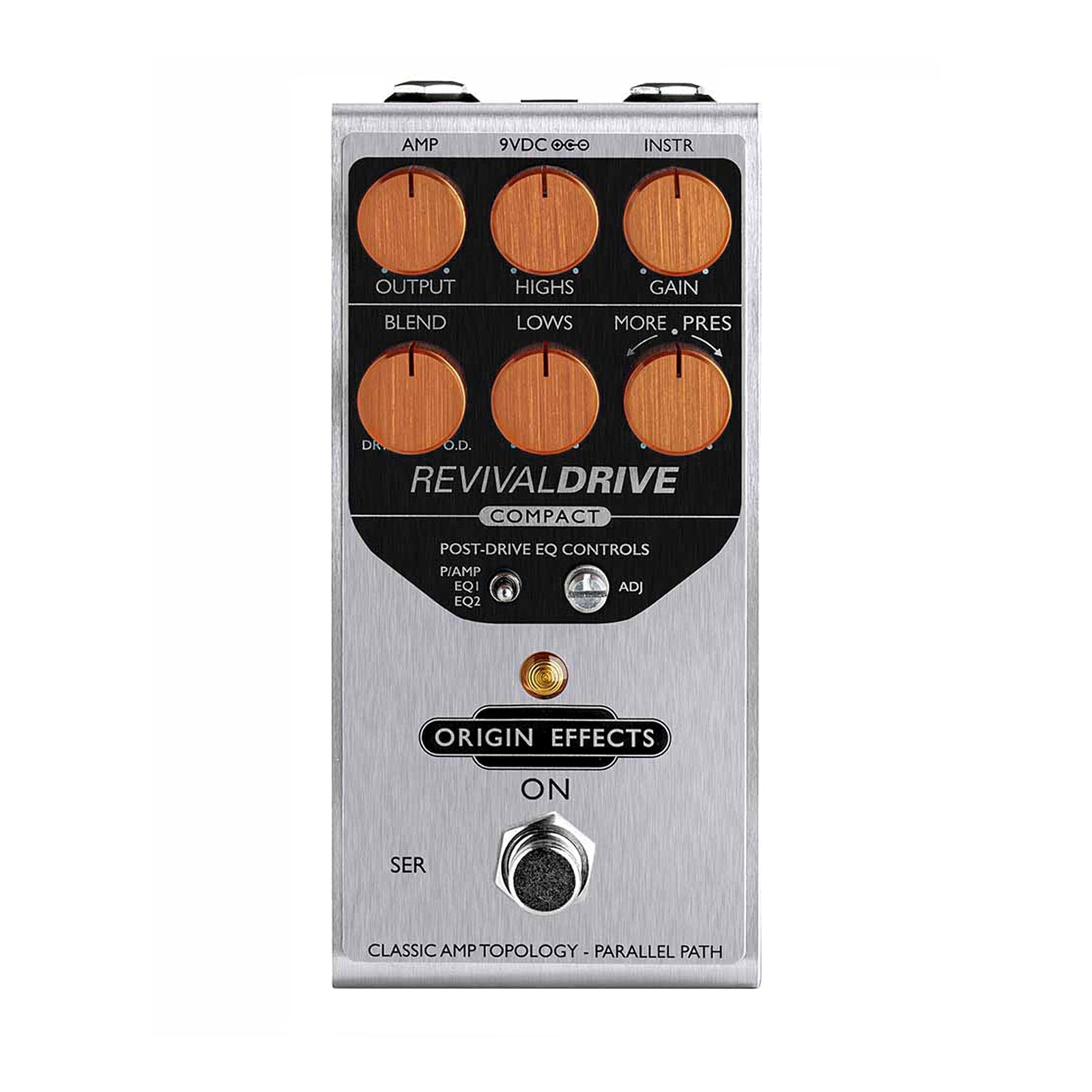 Silver guitar effects pedal with six orange knobs, two jacks, a toggle switch, and a footswitch labeled Origin Effects RevivalDRIVE Compact.