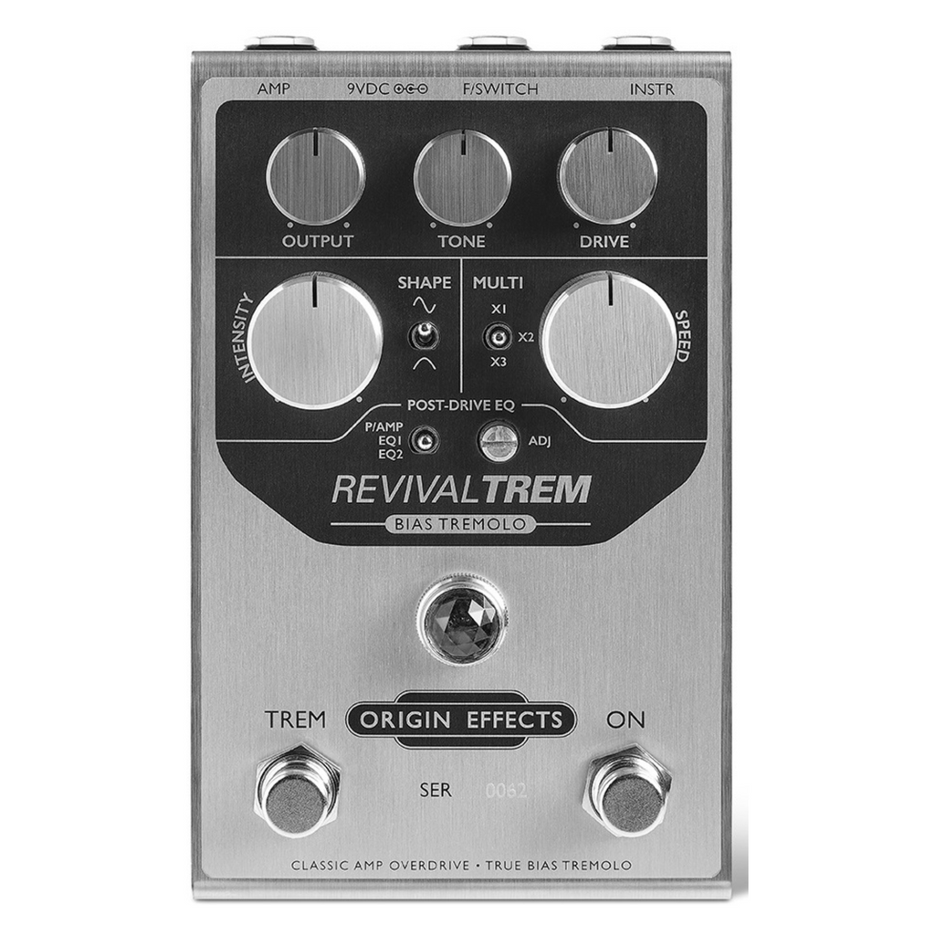 Silver and black guitar effects pedal with knobs, switches, and footswitches labeled RevivalTREM by Origin Effects.