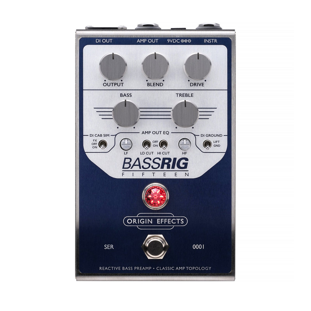 Metal bass preamp pedal with knobs, toggle switches, footswitch, and red LED on blue and silver faceplate.