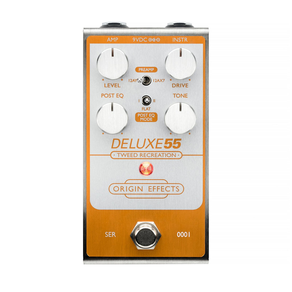 Silver and orange rectangular guitar effect pedal with four knobs, two toggle switches, one footswitch, and input/output jacks.