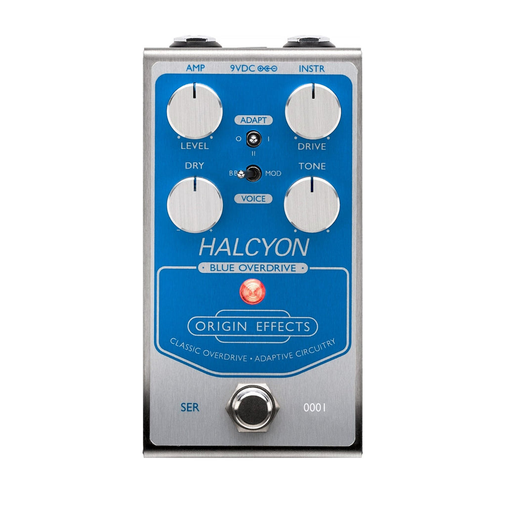 Blue and silver guitar effects pedal with four control knobs, two toggle switches, footswitch, and red LED indicator.