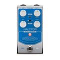 Blue and silver guitar effects pedal with four control knobs, two toggle switches, footswitch, and red LED indicator.