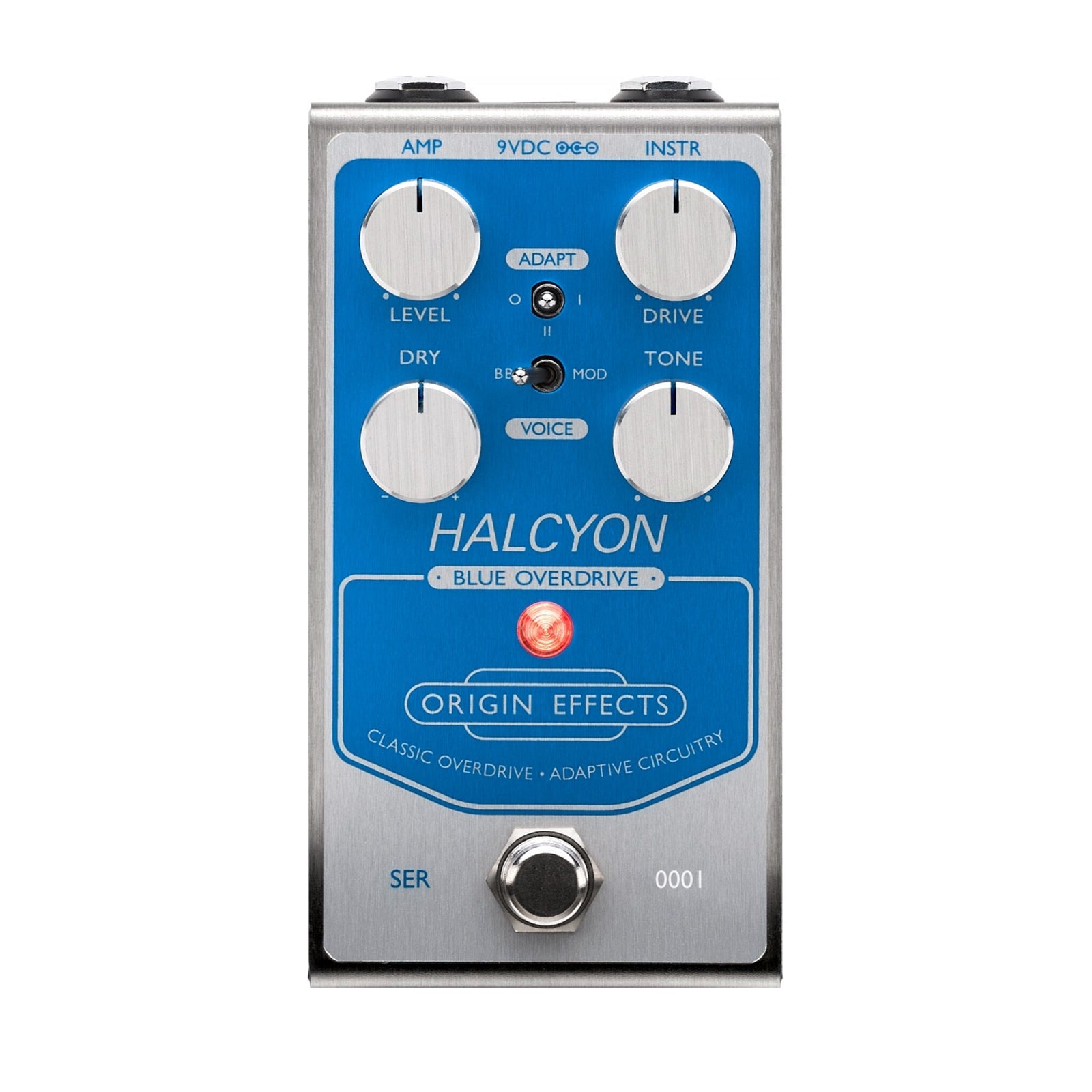 Blue and silver guitar effects pedal with four control knobs, two toggle switches, footswitch, and red LED indicator.