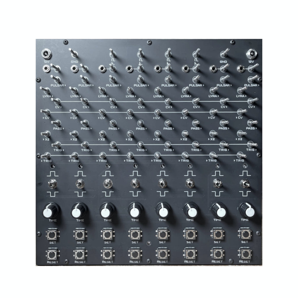 Black synthesizer panel with rows of toggle switches, rotary knobs, push buttons, and 1/4 inch jacks labeled with various controls.
