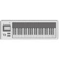 Top view of a white and black keyboard MIDI controller with 49 keys, a screen, multiple knobs, buttons, and sliders.