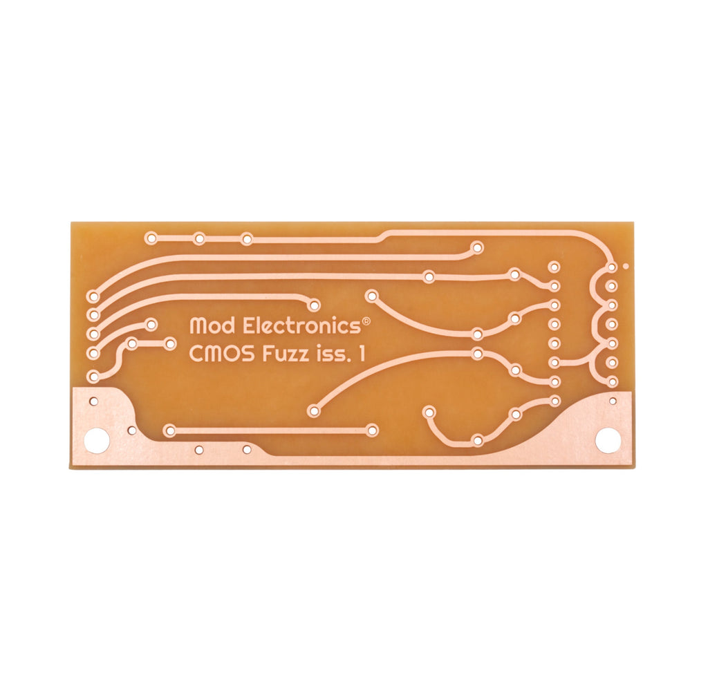 Brown printed circuit board with copper traces and text reading 'Mod Electronics CMOS Fuzz iss. 1'.