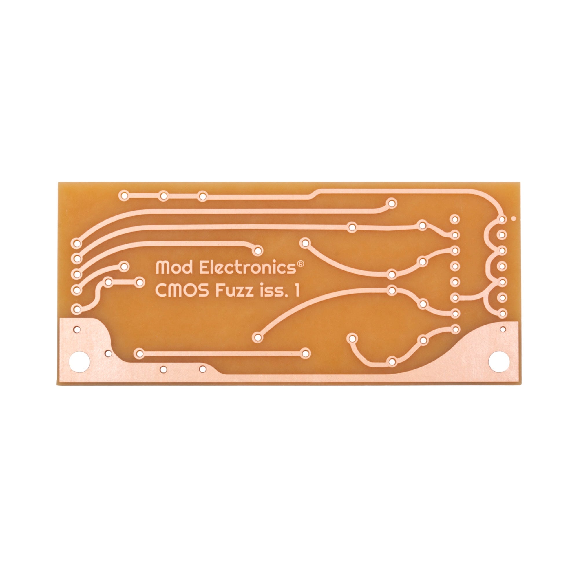 Brown printed circuit board with copper traces and text reading 'Mod Electronics CMOS Fuzz iss. 1'.