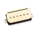 Cream-colored electric guitar pickup with six adjustable pole screws and black base.